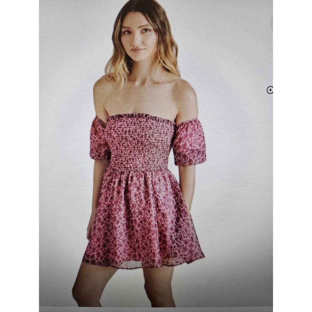 NWT Betsey Johnson Pink Floral Smocked Puff Sleeve Babydoll Mini Dress, XL
